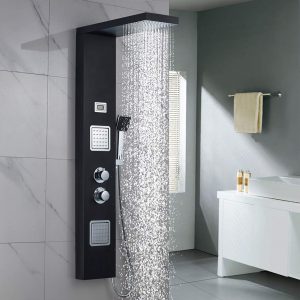 colonne de douche carrée Pomme de douche noire ROVOGO Panneau de douche LED sans robinetterie en acier inoxydable,Système de douche avec jets hydromassants Douchette cascade 