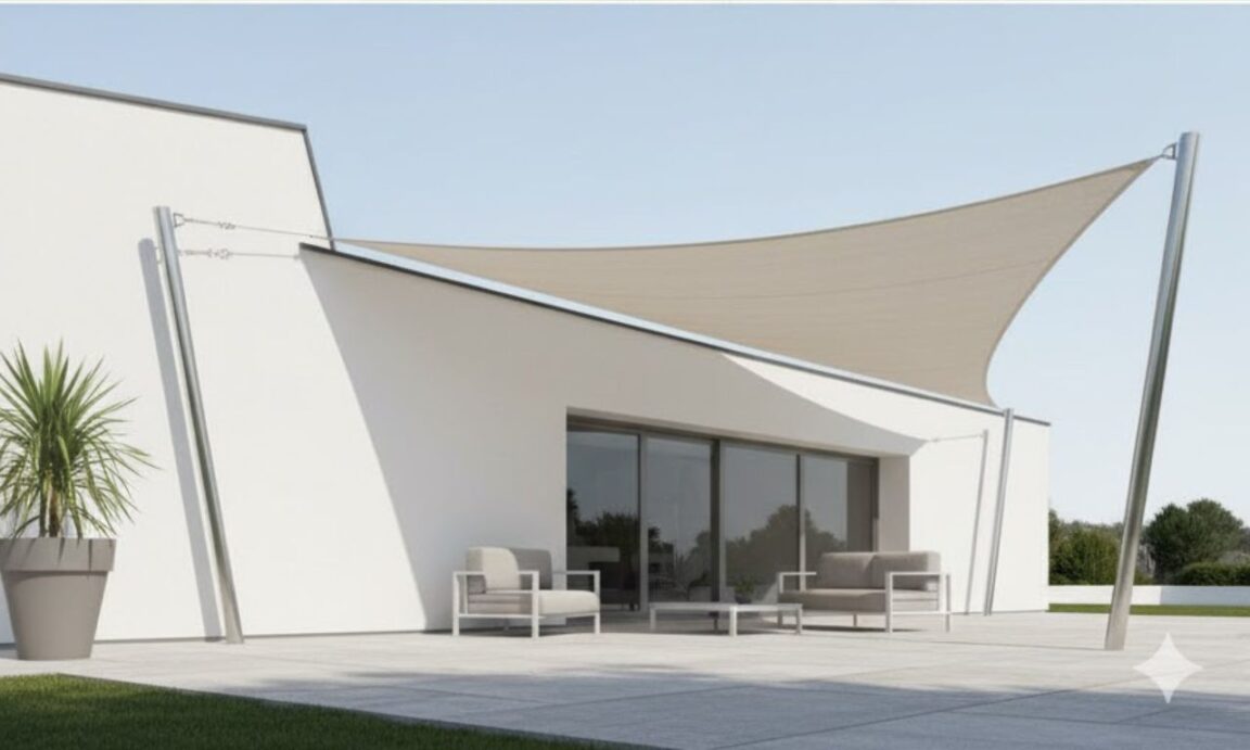 villa avec un voile d'ombrage blanc en forme de triangle étendu sur le côté de la maison pour fournir de l'ombre sur le patio