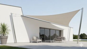 villa avec un voile d'ombrage blanc en forme de triangle étendu sur le côté de la maison pour fournir de l'ombre sur le patio