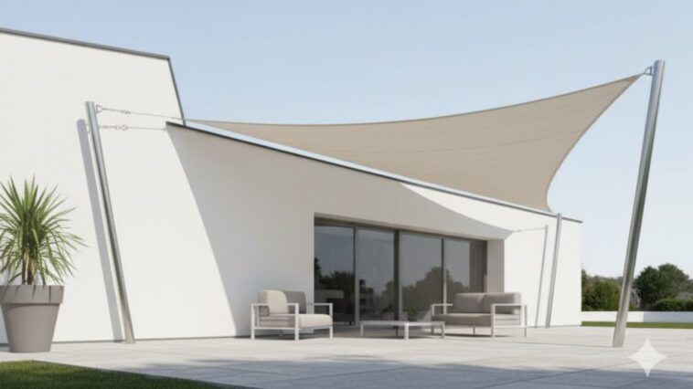 villa avec un voile d'ombrage blanc en forme de triangle étendu sur le côté de la maison pour fournir de l'ombre sur le patio