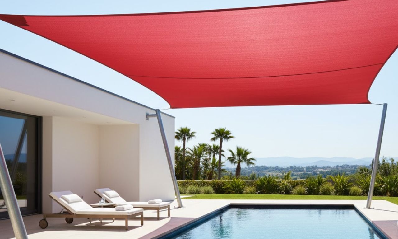 villa avec un grand voile d'ombrage rectangulaire rouge étendu sur le côté de la maison pour fournir de l'ombre sur la piscine
