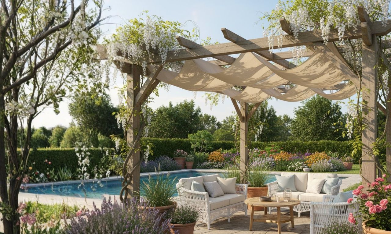 Pergola en bois rustique avec une toile de pergoala très fine et légère