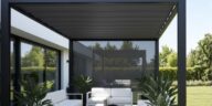 Pergola moderne en métal avec une toile de pergola gris