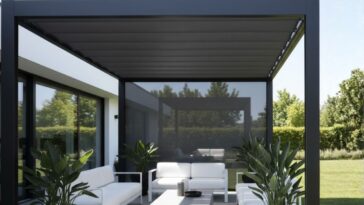 Pergola moderne en métal avec une toile de pergola gris