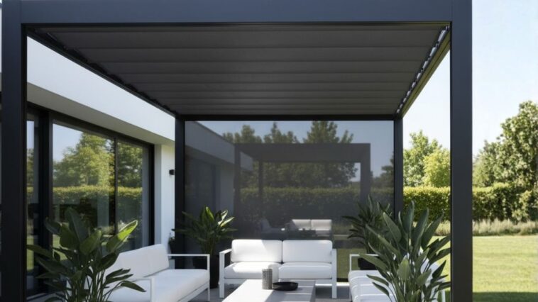 Pergola moderne en métal avec une toile de pergola gris