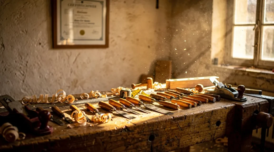Atelier de menuiserie avec outils et diplôme de certification accroché au mur — évocation artistique
