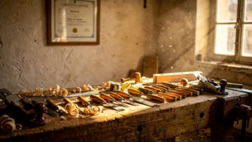 Atelier de menuiserie avec outils et diplôme de certification accroché au mur — évocation artistique