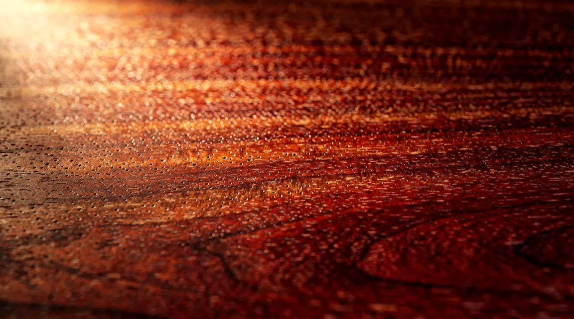 Grain de bois rouge exotique en gros plan, texture et pores visibles