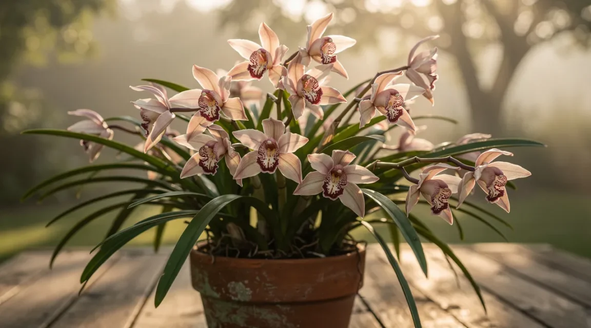 Orchidée cymbidium en pleine floraison avec ses hampes de fleurs étoilées