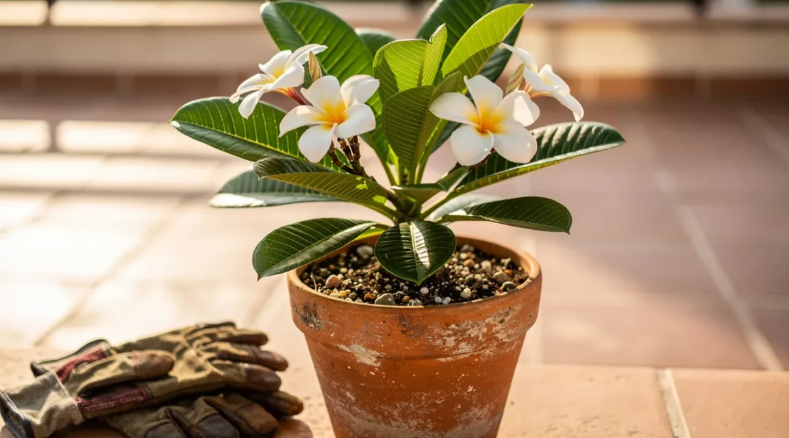 Frangipanier en pot au soleil avec fleurs blanches et feuilles épaisses