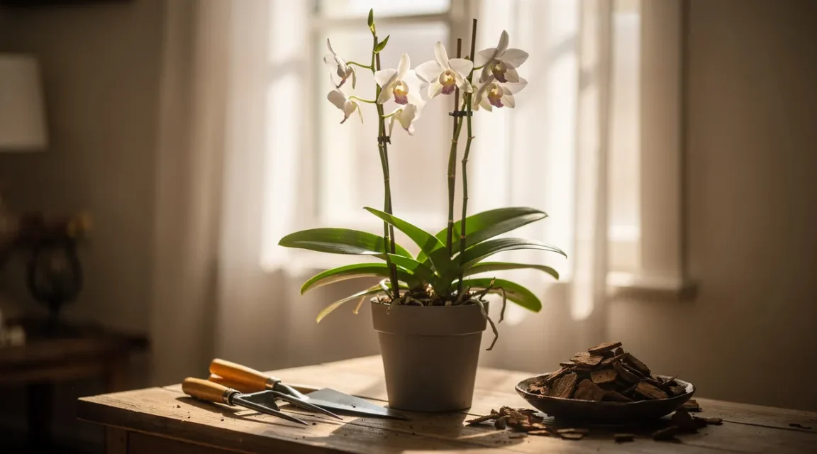 Orchidée bambou Dendrobium nobile en pot près d'une fenêtre lumineuse