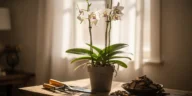 Orchidée bambou Dendrobium nobile en pot près d'une fenêtre lumineuse