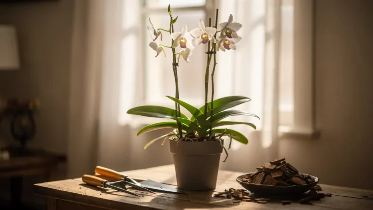 Orchidée bambou Dendrobium nobile en pot près d'une fenêtre lumineuse