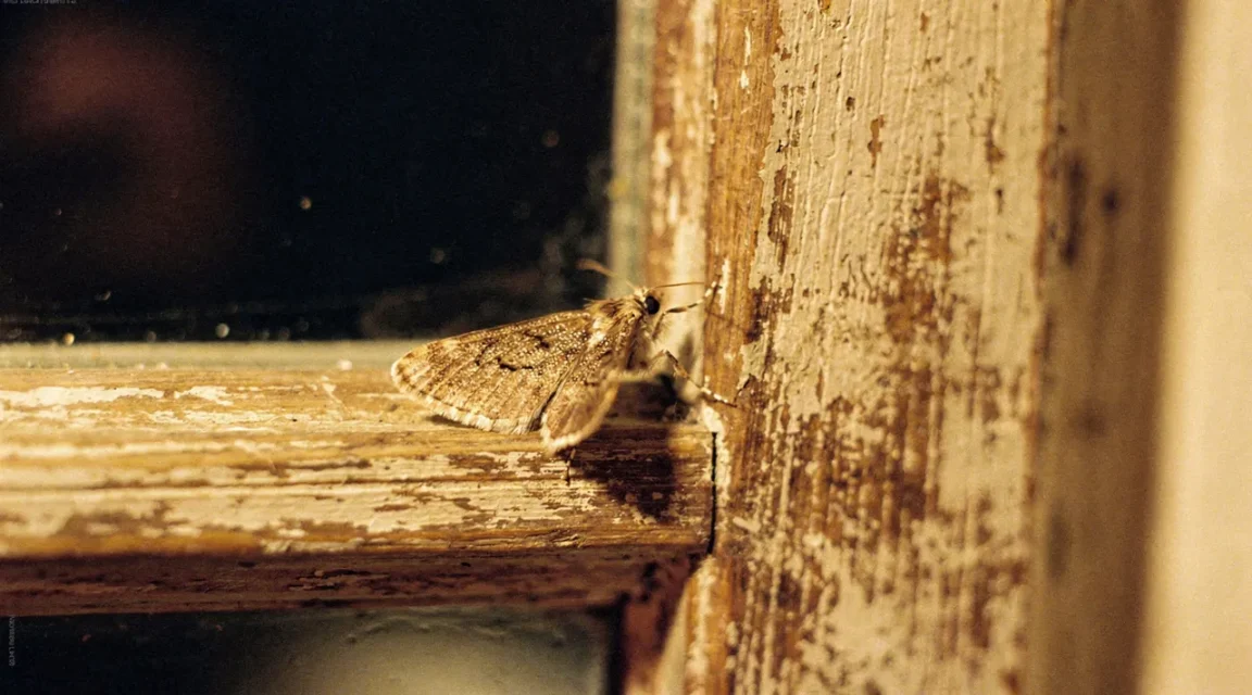 Papillon de nuit posé sur un cadre de fenêtre en bois dans une maison, lumière tamisée