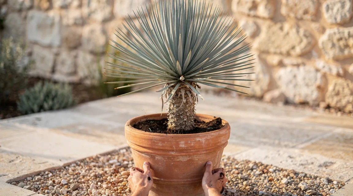 Yucca rostrata en pot sur une terrasse ensoleillée, avec feuillage bleu et sol bien drainé
