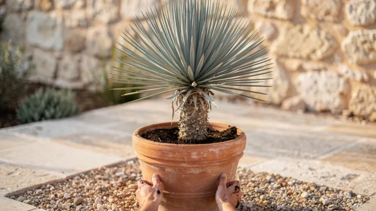 Yucca rostrata en pot sur une terrasse ensoleillée, avec feuillage bleu et sol bien drainé